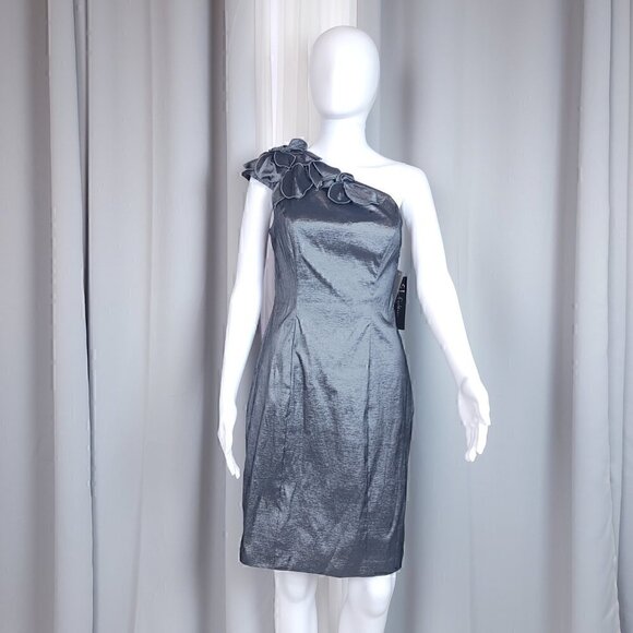 S.L. Fashions Cap Slv Petal One Shldr Sheath Dress Size 8 Color is Nickel (NWT) - Picture 6 of 16